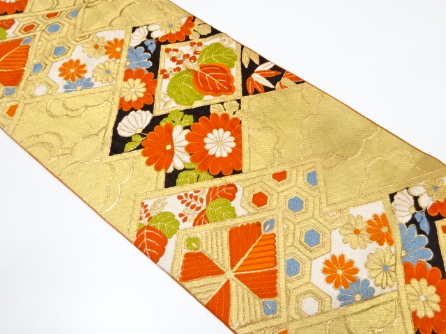 アンティーク　幾何学に桐・菊模様織り出し袋帯（材料）